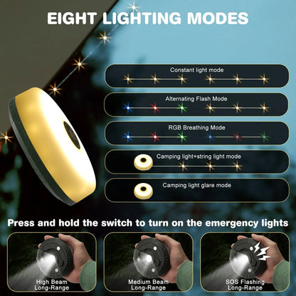 Waterproof Camping String Lights, luz stowable portátil com modos de iluminação, USB, ao ar livre, caminhadas, 2 em 1