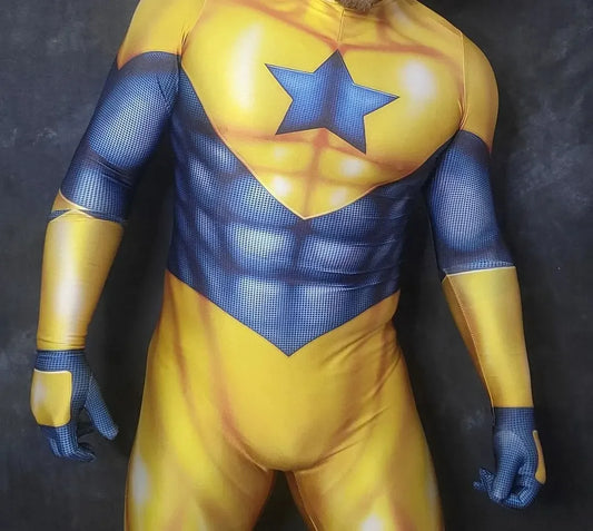 Halloween Adult Men Booster Gold Cosplay Costume Superhero Bodysuit Zentai Party Jumpsuit