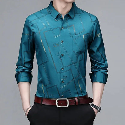 Camisa de manga larga estampada para hombre, informal y moderna, resistente a las arrugas y sin planchado.