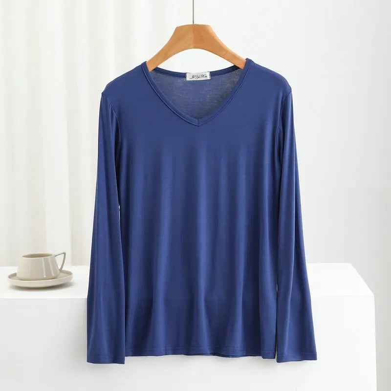 Modal Bottoming Tshirt Long sleeves thin Mask T-shirts Solid color V-Neck Base Tee Tops Plus size loose undershirt all match