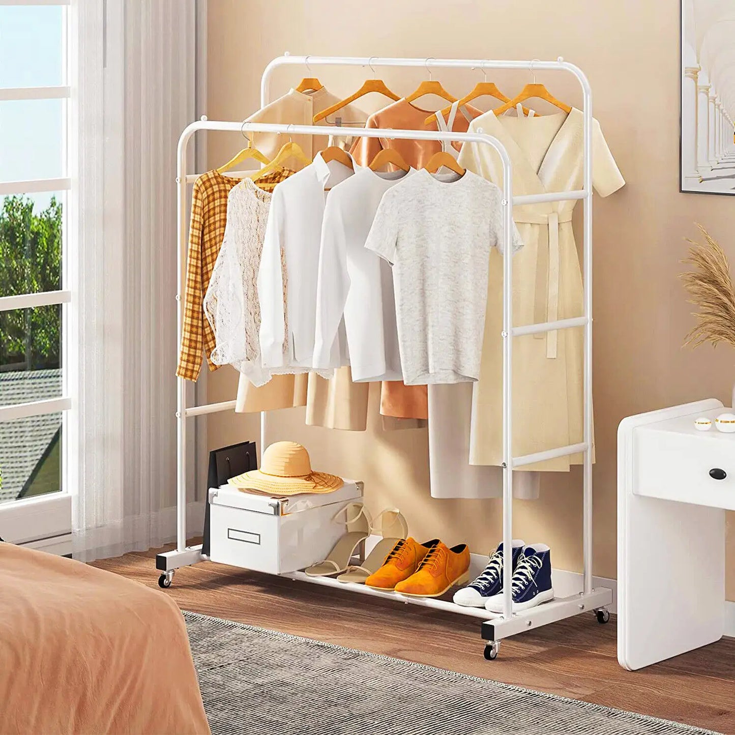 Rolling Clothes Rail Rack Garment Cloth Hanging Rack with 2 Tier Storage Shelves