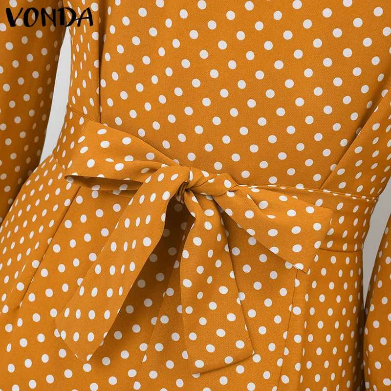 Plus Size 5XL VONDA Elegant Jumpsuist Women 2024 Autumn Polka Dot Rompers Long Lantern Sleeve Casual Long Overalls Playsuits