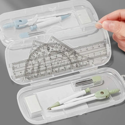 8PCS/Set Plastic Ruler Compasses Set Transparent Straight Ruler Measuring Ruler Set Square Eraser Protractor School Office