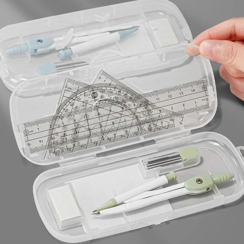 8PCS/Set Plastic Ruler Compasses Set Transparent Straight Ruler Measuring Ruler Set Square Eraser Protractor School Office