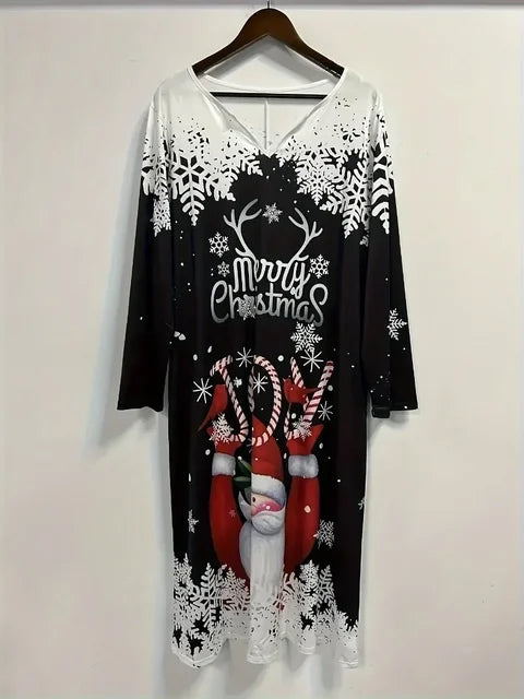 Vestido de Papá Noel para mujer, talla grande, estampado de Papá Noel y eslogan, manga larga, cuello en T con muescas, talla grande, 1XL-5XL 