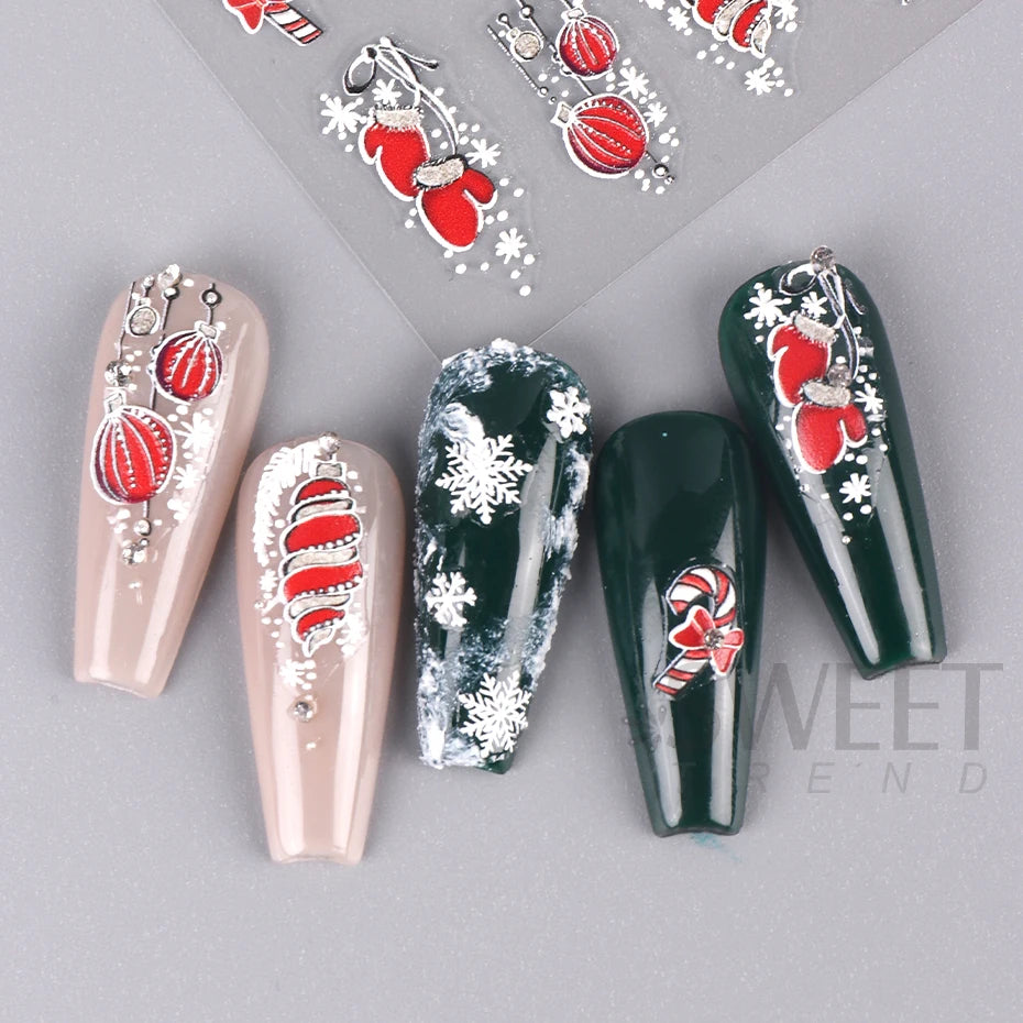 5D Red Christmas Nail Stickers Glitter Embossed Snowflake Gloves Feather Bulb Bells Winter Xmas DIY Engraved Manicure Decoration