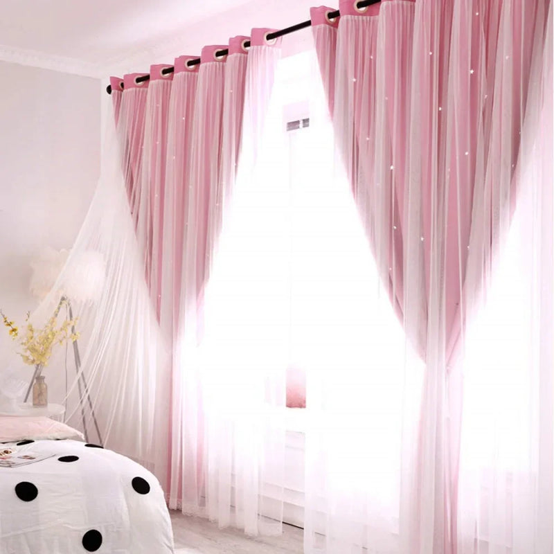 Kids Girls Bedroom Pink Curtains Star Cutout Blackout with White Sheer Pastel Nursery Window Curtain Panels for Living Room Home