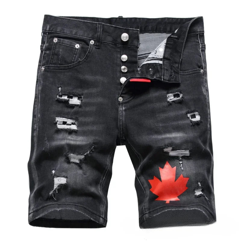 Italian High Street Style Male High Quality Stretch Fit Ripped Denim Jeans Shorts New Summer Men Black Denim Shorts Jeans Size42