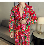 Men Suit 2 Piece Fashion Party Mens Vintage Print Big flower in northeast China Suits Jacket Pants Men Sets