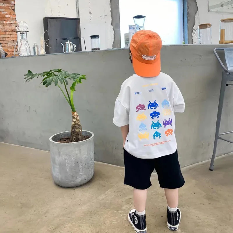 Camiseta de manga corta de verano para niños, Top de cuello redondo para niños pequeños y medianos, moda informal versátil de media manga