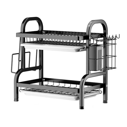 2-Tier Dish Drying Rack Adjustable Kitchen Plates Organizer with Drainboard Over Sink Countertop Cutlery Storage Holder