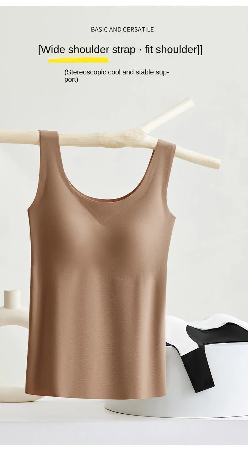 2 piezas/lote de camiseta sin mangas de seda sin costuras con almohadilla fija en el pecho para mujer, camisola sin mangas, ropa interior exterior, camisola de verano de alta elasticidad