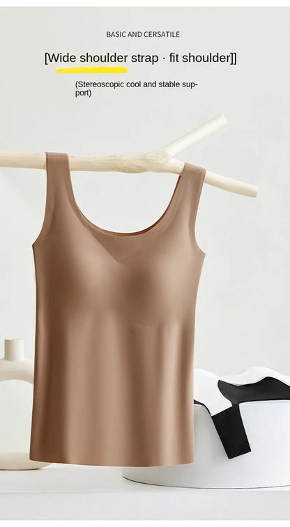 2 piezas/lote de camiseta sin mangas de seda sin costuras con almohadilla fija en el pecho para mujer, camisola sin mangas, ropa interior exterior, camisola de verano de alta elasticidad