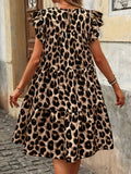 Women's Plus Size Leopard Print Dress - Elegant Ruffle Hem Crew Neck Flutter Sleeves Stretchy Polyester Blend, Perfect for Sp