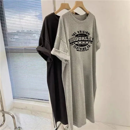 Plus Size Feminino Verão Estilo Coreano Solto-Fit Manga Curta Impressão T-Vestido Casual Vestido Longo Comprimento Médio Fenda Lateral Slimm...