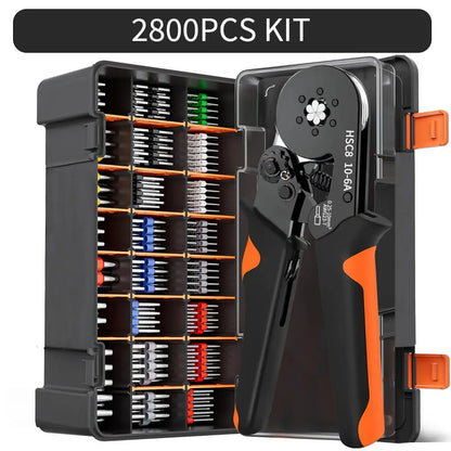 Kit de crimpadora de casquillos hexagonales autoajustables con trinquete, 23-7 AWG, 0,25-10 mm², con terminales de cable y casquillos