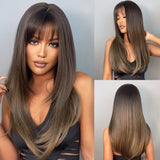 Light Wine Red Synthetic Wigs With Bangs for Women, Long Straight Hair Wig, Natural Cosplay Party, Heat Resistant