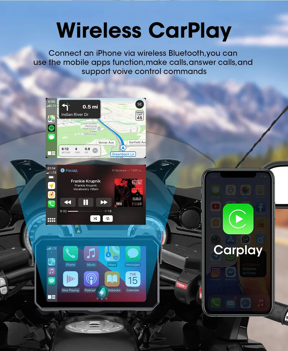 5" Portable Motorcycle Navigation GPS Wireless Carplay&Android Auto Moto Monitor IPX7 Waterproof Display Dual Bluetooth 5.0
