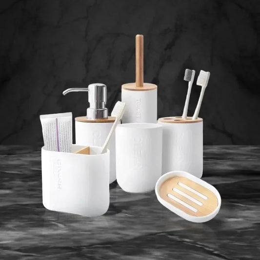 Juego de accesorios de baño, dispensador de loción y jabón de diseño, soporte para cepillo de dientes, jabonera, vaso o botella de madera, taza, negro, blanco y gris.