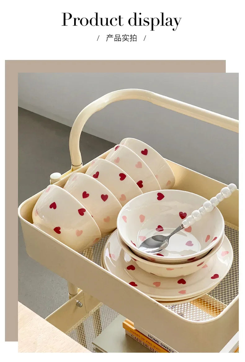Heart-shaped Ceramic Dinnerware Set, Dinner Plate, Rice Salad Bowl, Coffee Mug, Japanese Love, Warm Gift for Valentine day