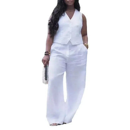 CM.YAYA Street Women's Set Sleeveless Button Fly Vest Shirt and Wide Leg Pants Elegant 2024 Fall Fashion Two 2-Piece Set Outfits