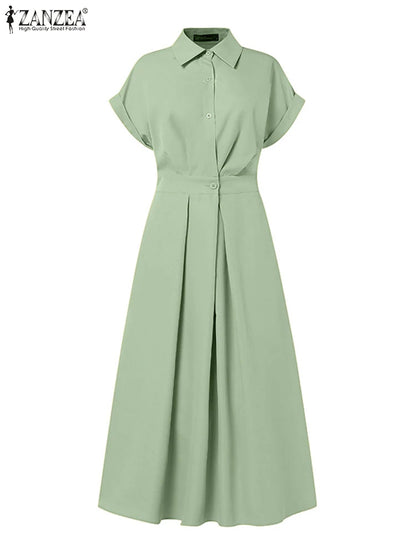 Women Summer OL Work Dress ZANZEA Elegant Short Sleeve Office Sundress Casual Solid A Line Buttons Holiday Vestidos Kaftan Robe