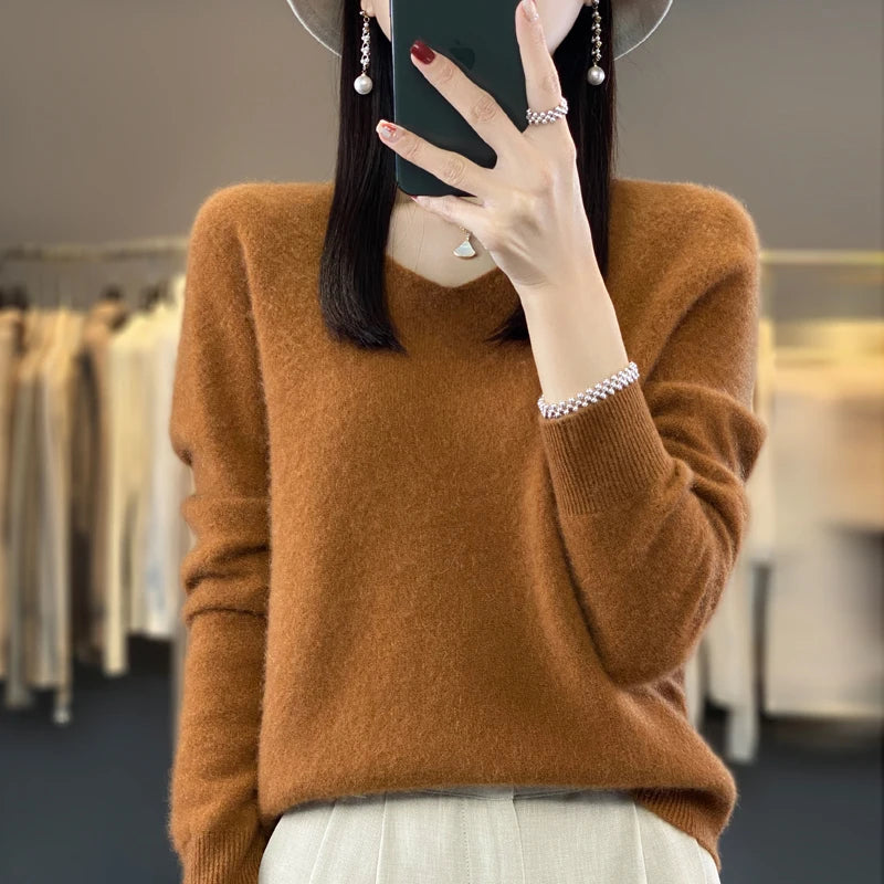 Suéter básico de otoño-invierno 2024 para mujer, 100 % lana merino, cuello en V, tejido de punto liso, jersey de oficina para mujer, manga larga, cachemir.