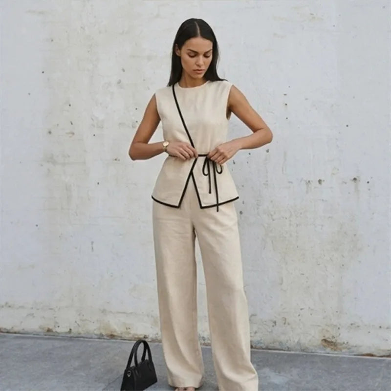 Women's Summer Tie-waist Wide-leg Pants Set Sleeveless Wrap Blazer Top Loose Straight-leg Pants Two-piece Set Comfortable Outfit