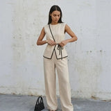 Women's Summer Tie-waist Wide-leg Pants Set Sleeveless Wrap Blazer Top Loose Straight-leg Pants Two-piece Set Comfortable Outfit