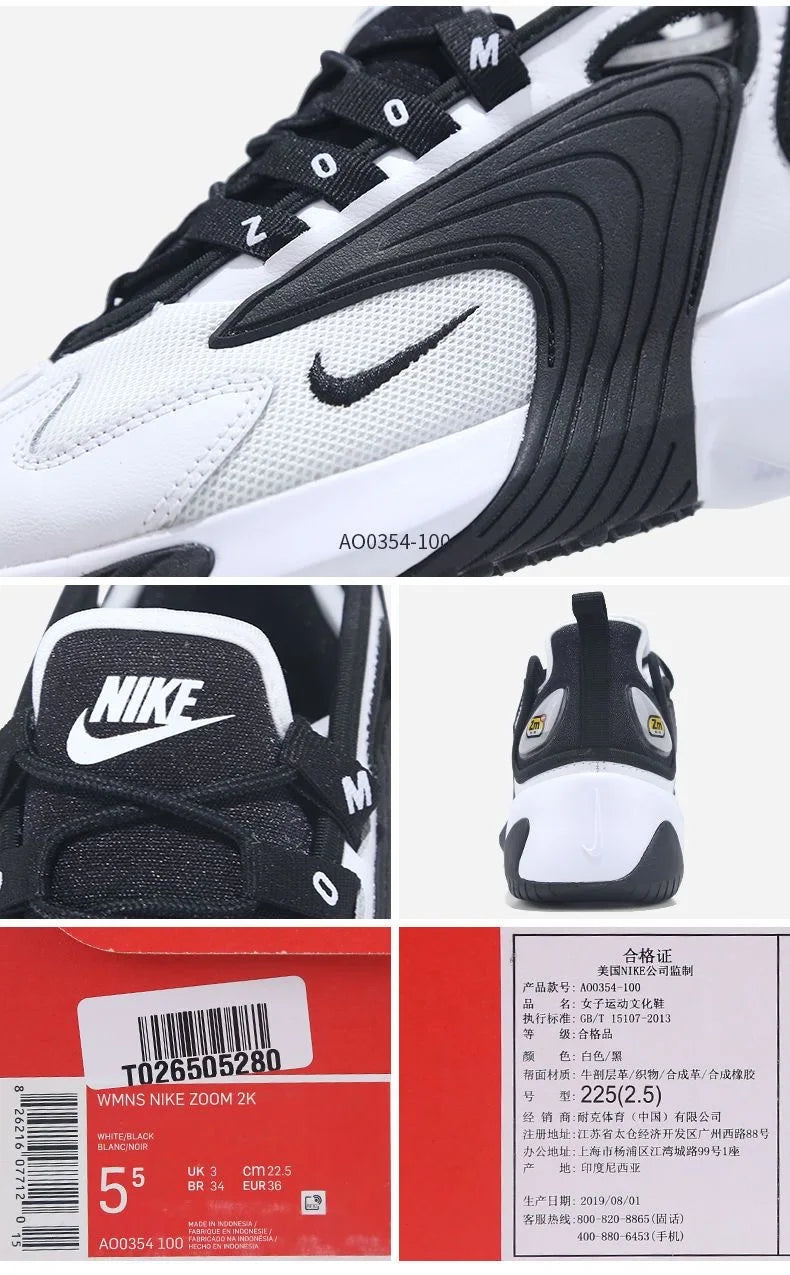 Nike Zoom 2K Air Speed Foam Non-Slip Breathable Mid-Top Air Cushion Casual Urban Commuting Running Shoes Women's Black and White Panda Ao0354-100