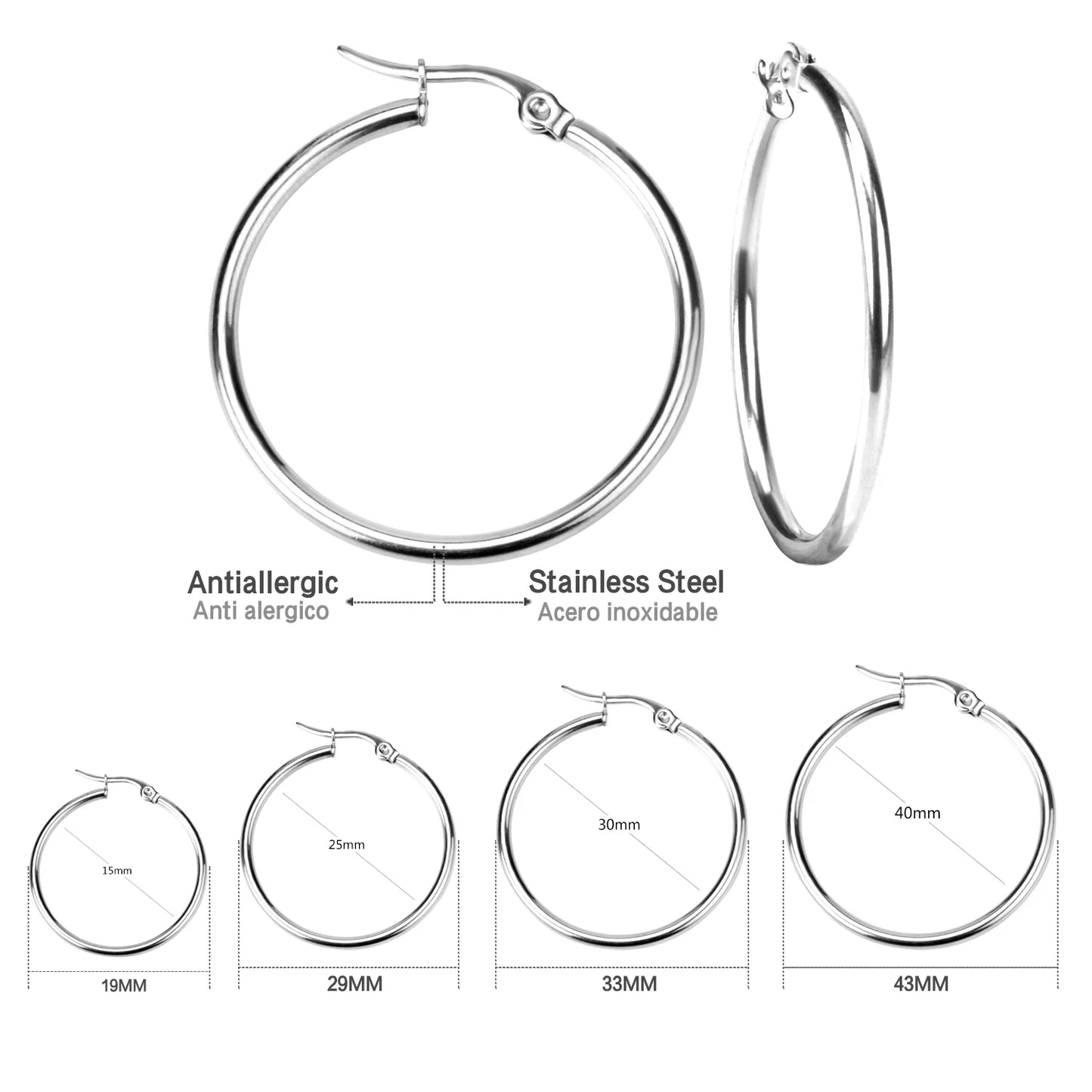 Luxusteel 10mm-65mm clássico aros de aço inoxidável para mulheres meninas cor ouro rosa grande círculo redondo brincos sem desbotamento anti-alergia