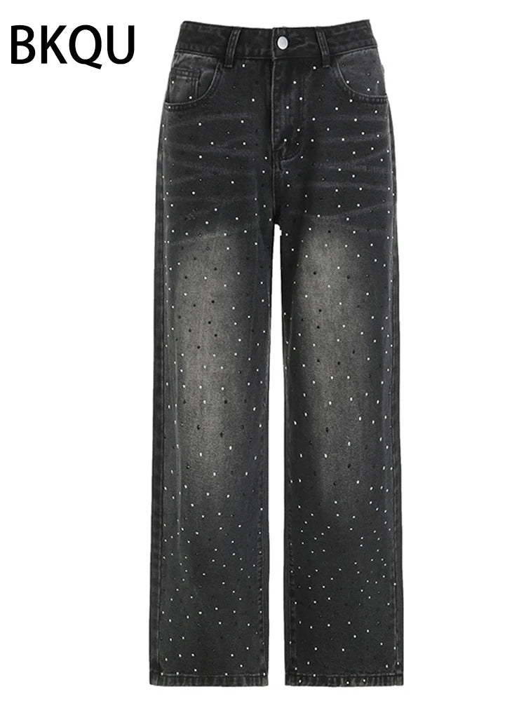 BKQU - Pantalones vaqueros rectos y holgados para mujer, cintura alta, pierna ancha, con diamantes de imitación, largos, moda urbana 2021, pantalones brillantes con diamantes
