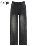 BKQU - Pantalones vaqueros rectos y holgados para mujer, cintura alta, pierna ancha, con diamantes de imitación, largos, moda urbana 2021, pantalones brillantes con diamantes