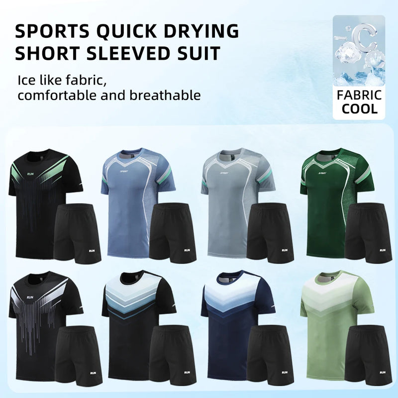 Fitness Clothes Ice Silk Quick Drying T-shirt Suit Men Short Sleeve Running Sportswear Shorts Tracksuit Gym Sports Training Sets
