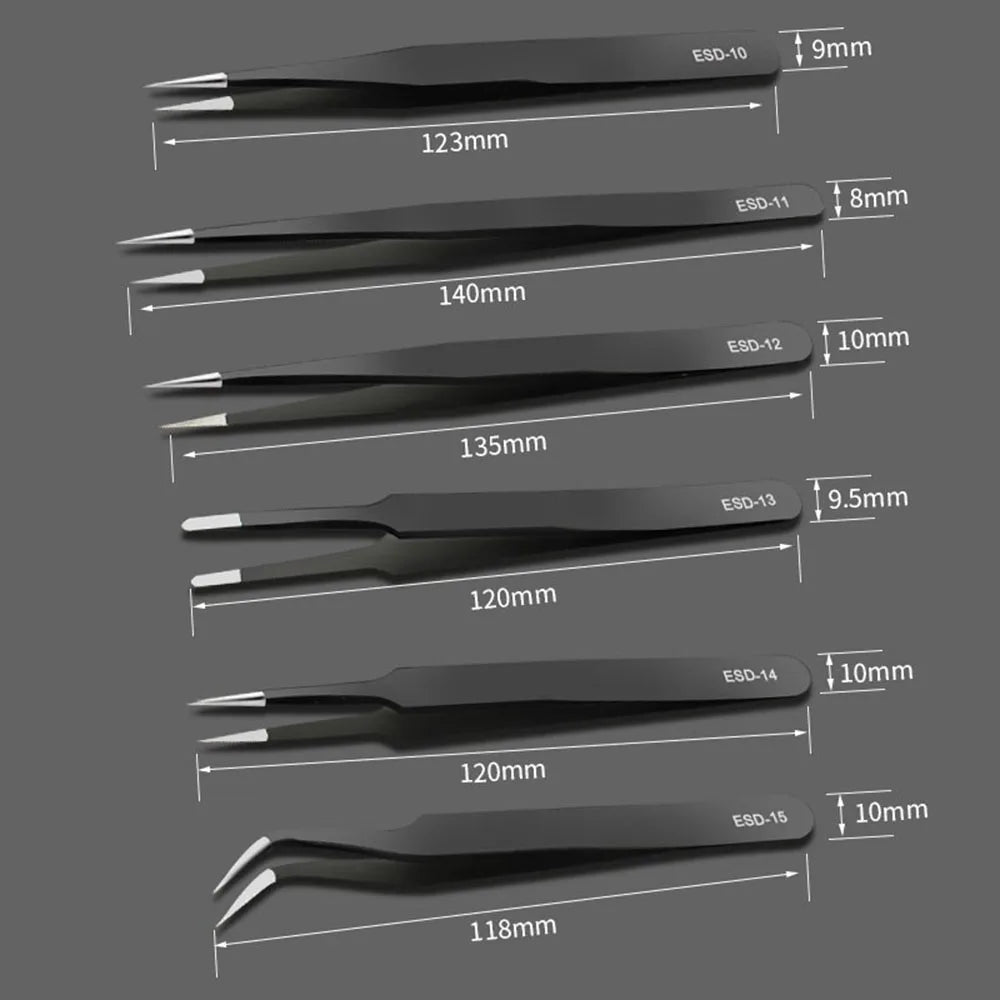 6 pinzas antiestáticas de acero inoxidable para mantenimiento de precisión, reparación industrial, modelismo curvo, herramienta manual.