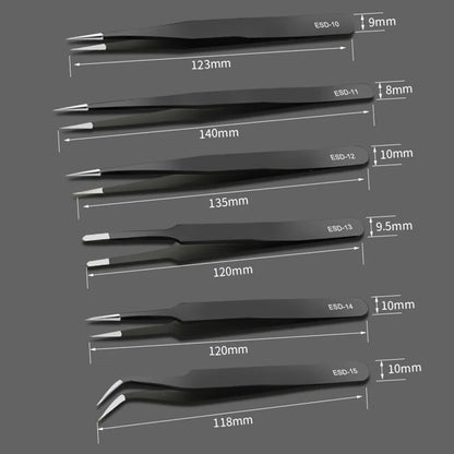 6 pinzas antiestáticas de acero inoxidable para mantenimiento de precisión, reparación industrial, modelismo curvo, herramienta manual.