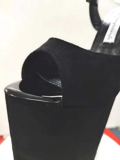 New Super High Thin Heels 30 Cm Steel Heels Large Size Women's Sandals Suede Black Buckle Sky-high Sexy Shoes platform sandals