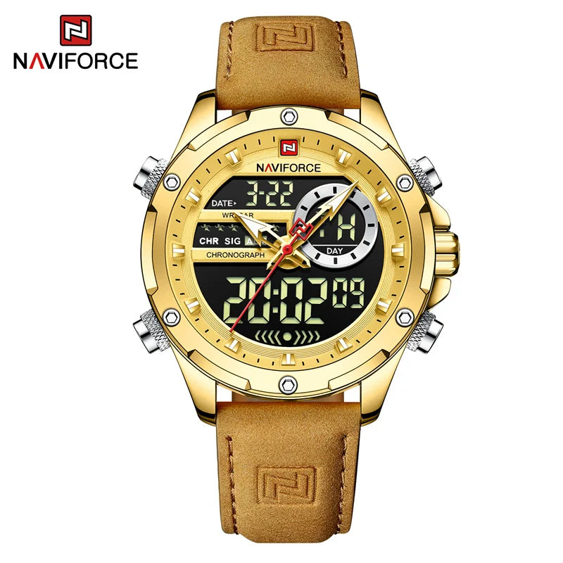 NAVIFORCE Luxury Original Watches For Men Casual Sport Chronograph Alarm Quartz WristWatch Leather Waterproof Digital Clock 9163