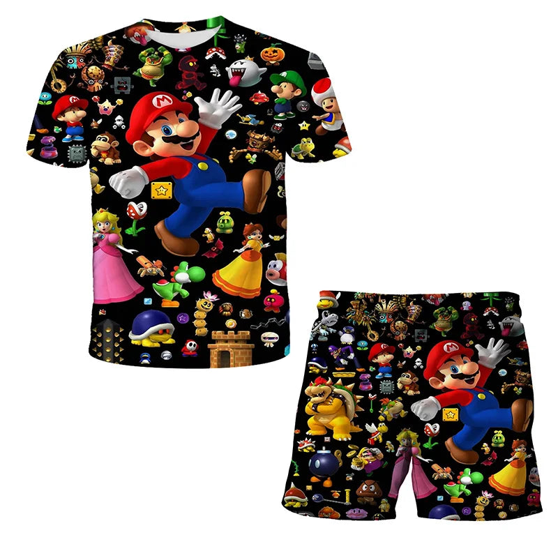 Summer anime Super Mario fashion cute boy 3D top T-shirt+shorts two-piece set Mario girl and boy top short sleeved shorts