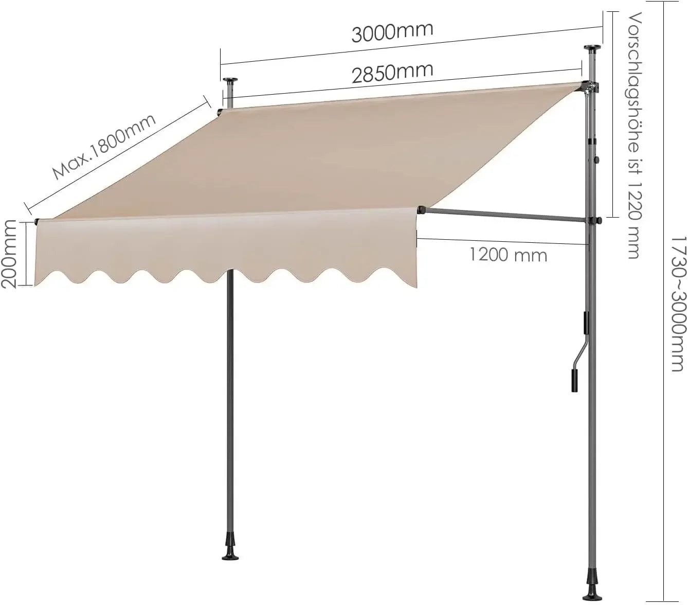 Awning Balcony Patio Retractable Awning UV50+ Sun Shade Awning Clamp Garden Sun Protection with Hand Crank Without Drilling