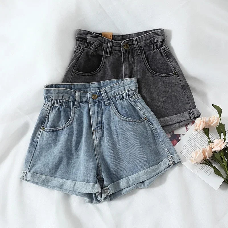 Zmzbch verão cintura alta denim shorts feminino casual solto senhoras moda plus size cintura elástica perna larga calças de brim curtas feminino