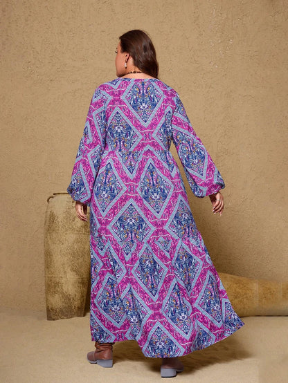 Plus size 2025 novo feminino com decote em v roxo casual impresso vestido longo casual solto poliéster manga longa pulôver