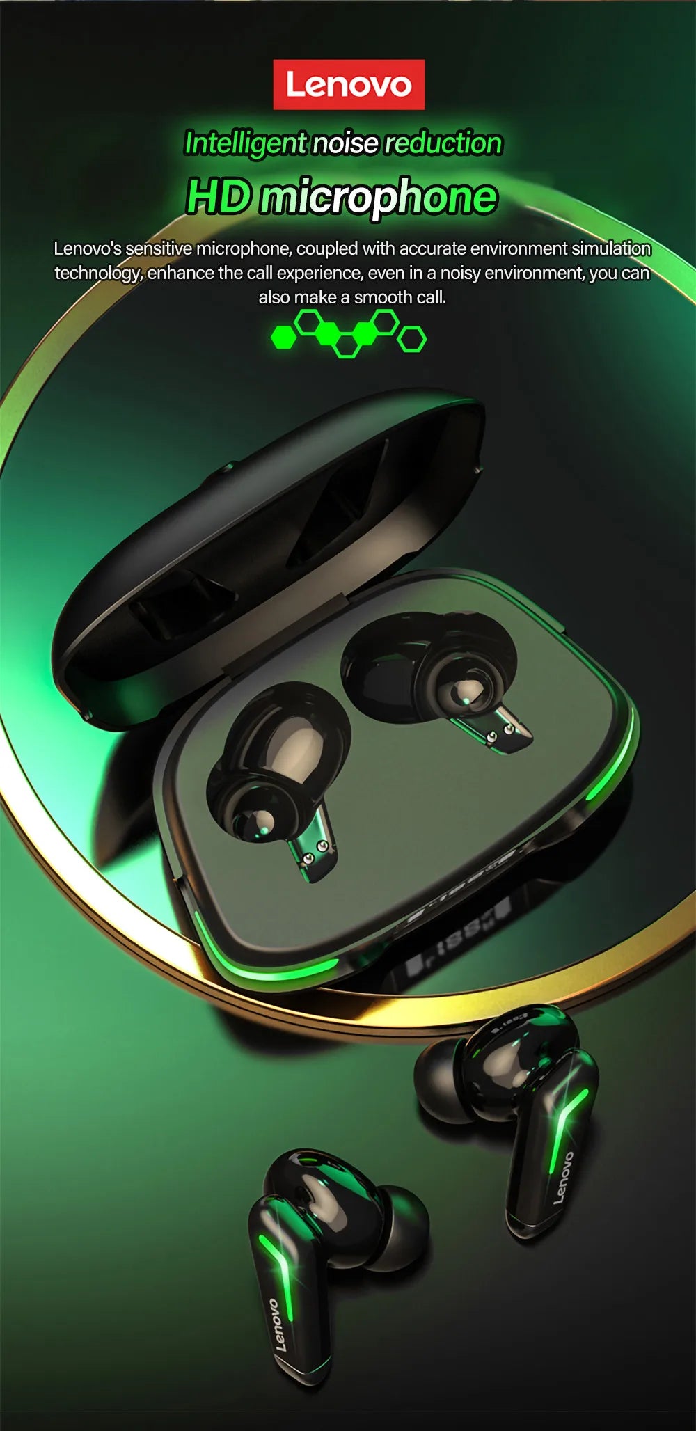 Auriculares deportivos originales Lenovo GM3 Bluetooth 5.0 con reducción de ruido, baja latencia, conexión rápida y modo de espera prolongado.