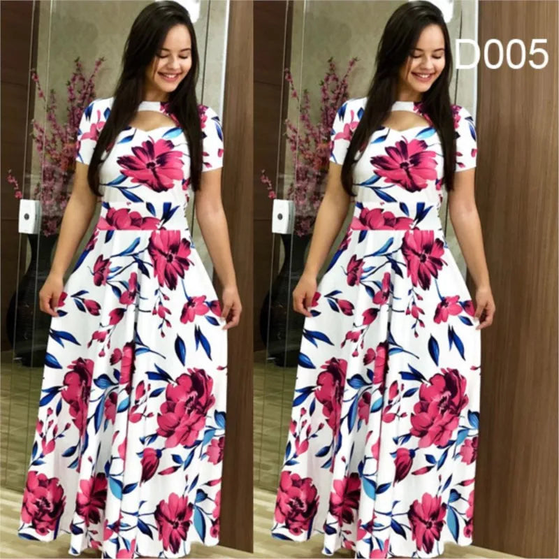 Elegant Spring Women's Casual Fashion Floral Print Short Sleeve Super Long Dress 2023 New Fashion Hollow Out Long Dresses