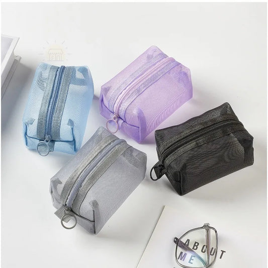 1pc Multifunctional Square Nylon Mesh Storage Bags Travel Portable Urltra-Light Mini Wash Bags Mini Zipper Coin Purse