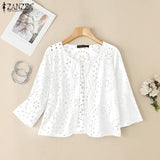 Stylish Autumn Hollow Out Cardigans ZANZEA Women Embroidered Blouse Elegant Shirts 2025 Fashion 3/4 Sleeve Kimonos Slim Fit Tops