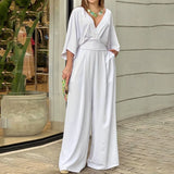 Solid Color Jumpsuits For Woman Jumpsuit Women's Clothing Temperament Simple Style Casual V-link Loose Tighten The Waist Elegant