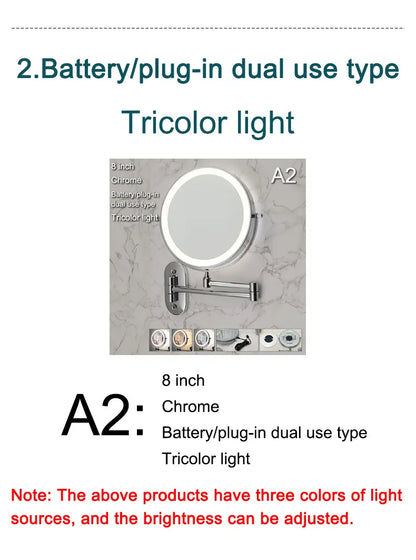 Wall Folding Makeup HD Mirror Double Side Fill Light Magnifying USB Charging Led Tricolor Dimming Bathroom Cosmetic Mirrors