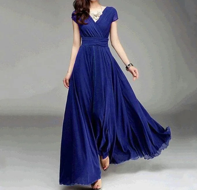 2026 Women's V Neck Short Sleeve Evening Party Dress Temperament Solid Colour Long Cocktail Chiffon High Waist Summer Dresses
