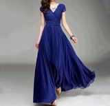 2026 Women's V Neck Short Sleeve Evening Party Dress Temperament Solid Colour Long Cocktail Chiffon High Waist Summer Dresses